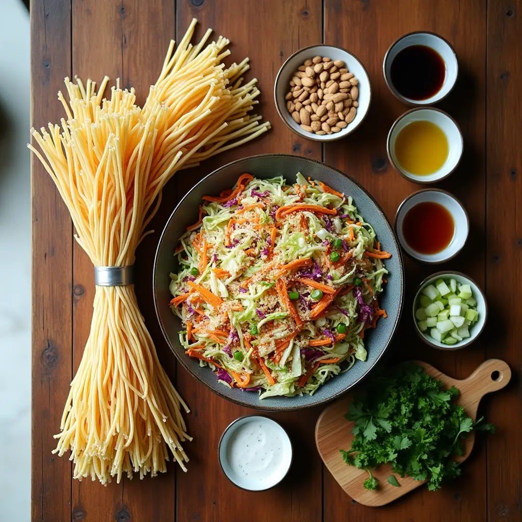 Ingredients for Crunchy Asian Ramen Noodle Salad on wooden counter