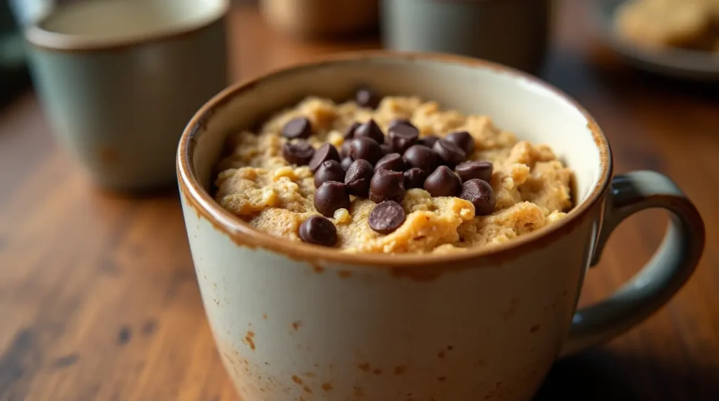 oatmeal cookie mug cake in ceramic mug