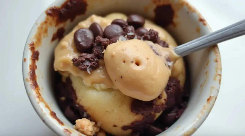 peanut butter banana mug cake in a white mug with banana slices and drizzle