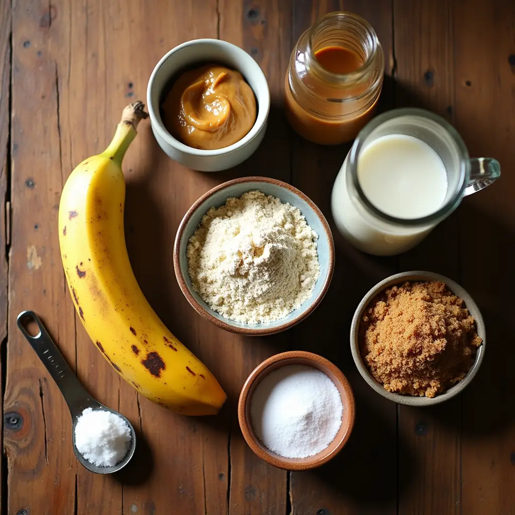 ingredients for peanut butter banana mug cake laid out on wooden counter