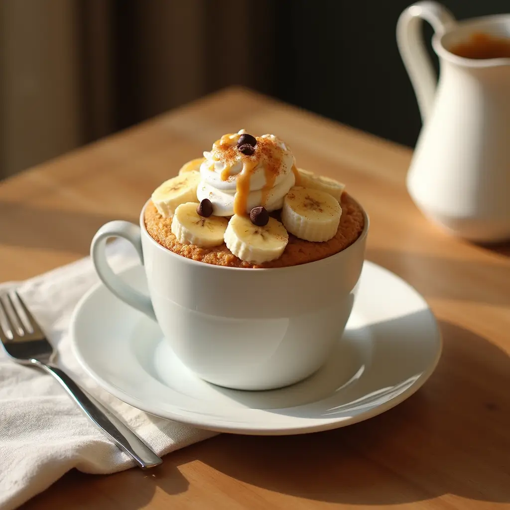  peanut butter banana mug cake with toppings including whipped cream, banana slices, and peanut butter drizzle