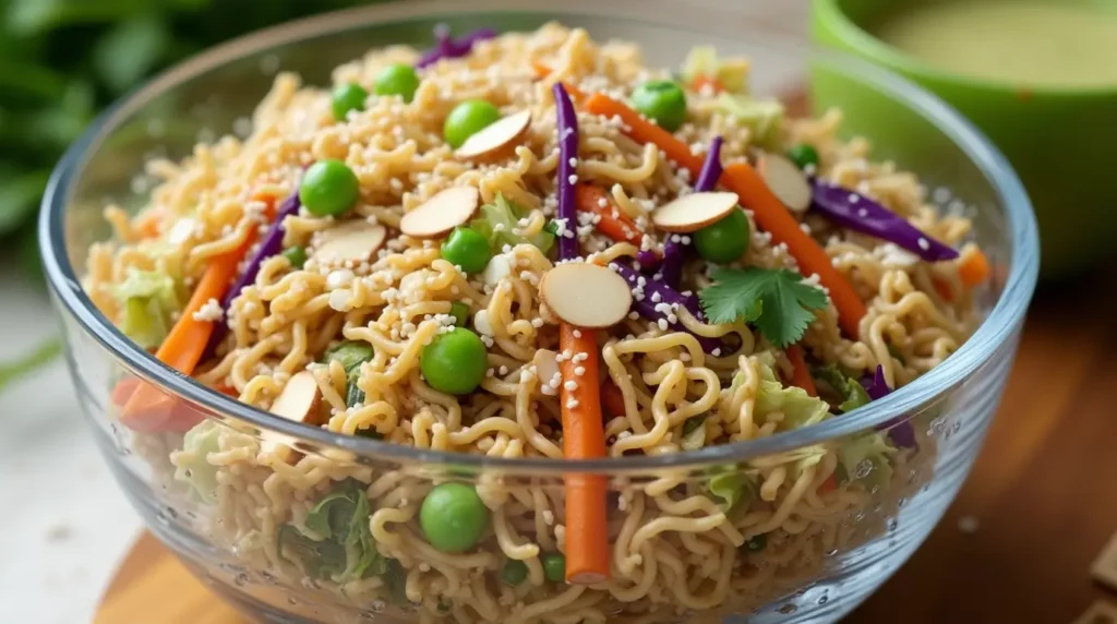 Crunchy Asian Ramen Noodle Salad served fresh with toppings