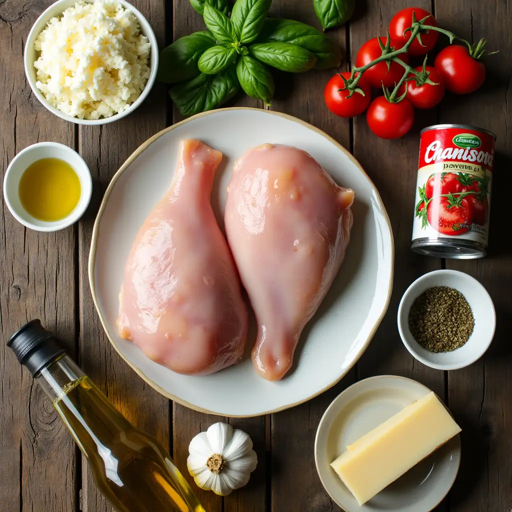 Cheesy Mozzarella Chicken Bake: How to Make in 30 Minutes 7 Simple ingredients for Cheesy Mozzarella Chicken Bake: chicken, tomatoes, mozzarella, basil, garlic, and spices