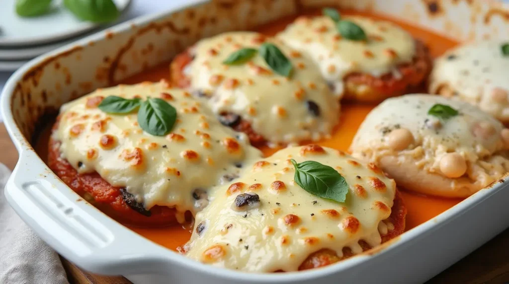 Cheesy Mozzarella Chicken Bake: How to Make in 30 Minutes 5 Golden bubbly Cheesy Mozzarella Chicken Bake in cast iron skillet with stretchy mozzarella cheese pull