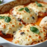 Cheesy Mozzarella Chicken Bake: How to Make in 30 Minutes 6 Golden bubbly Cheesy Mozzarella Chicken Bake in cast iron skillet with stretchy mozzarella cheese pull