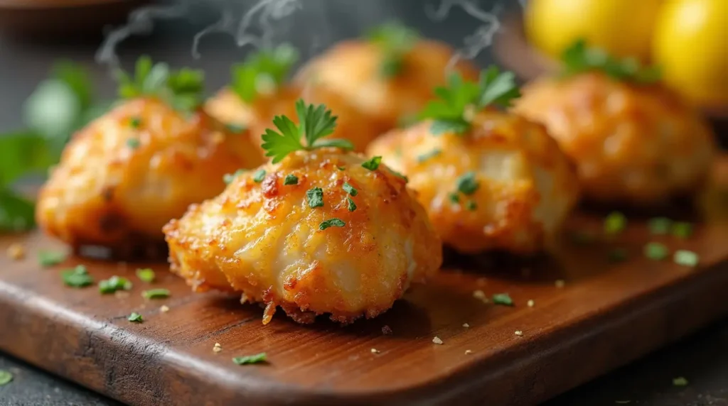 Lemon Garlic Chicken Bites: Best Oven-Baked Party Appetizer 5 Crispy oven-baked Lemon Garlic Chicken Bites with fresh herbs