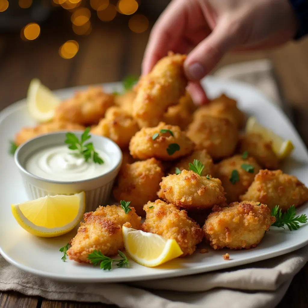 Lemon Garlic Chicken Bites: Best Oven-Baked Party Appetizer 8 Serving Lemon Garlic Chicken Bites with dip at a party