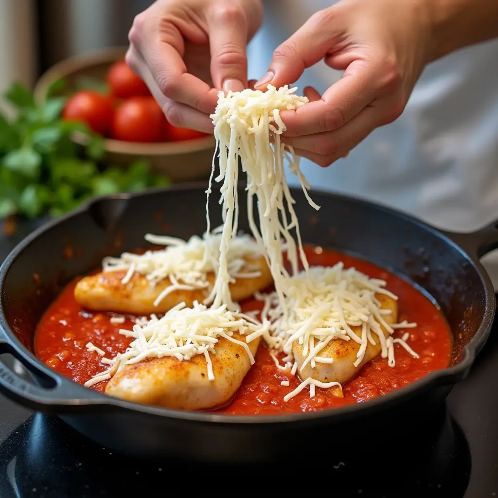 Cheesy Mozzarella Chicken Bake: How to Make in 30 Minutes 8 Sprinking mozzarella cheese over seared chicken in tomato sauce for Cheesy Mozzarella Chicken Bake